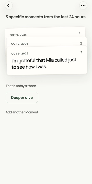 Grateful app showing three example moments and an invitation to take a deeper dive