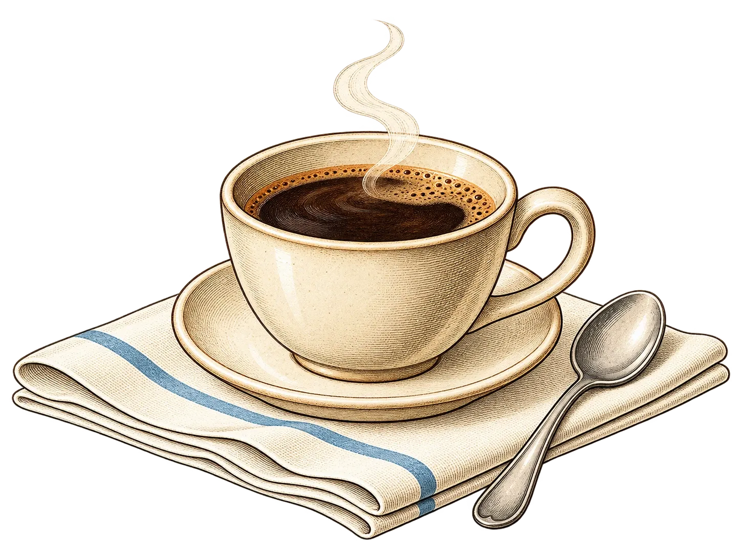 Hand-colored engraving of a steaming coffee cup on a striped linen napkin, with a teaspoon
