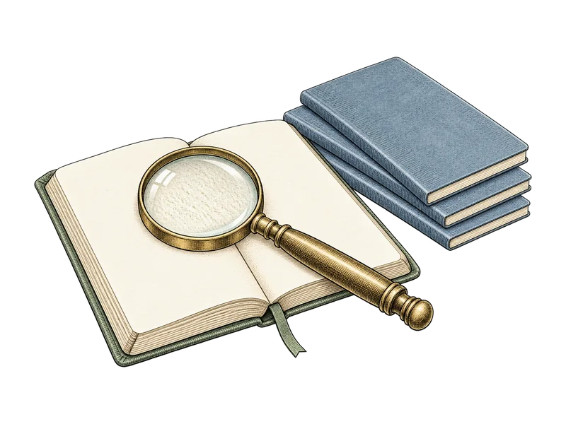 Hand-colored engraving of a magnifying glass examining an open journal beside three blue research booklets.