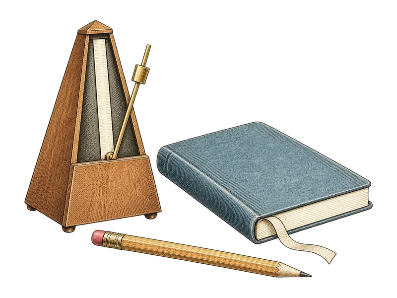 Hand-colored engraving of a wooden metronome beside a blue journal and pencil.