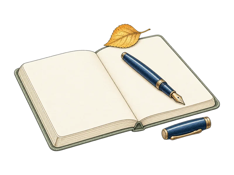 Hand-colored engraving of an open blank journal with a blue fountain pen and a small golden leaf.