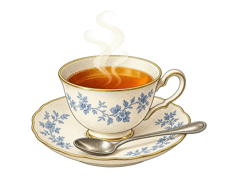 Hand-colored engraving of a steaming blue-and-cream porcelain teacup filled with amber tea, with a silver teaspoon on its saucer.