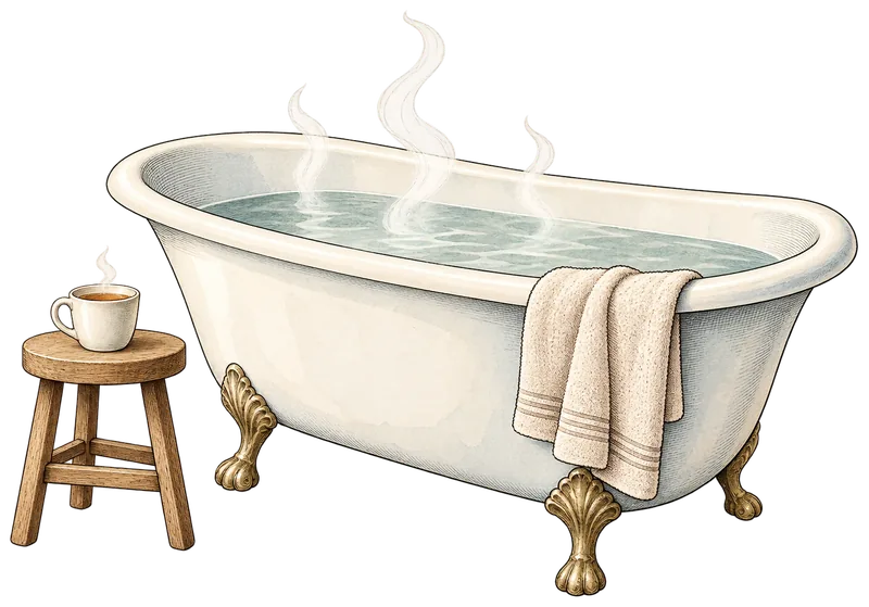 Engraving of a steaming clawfoot bath with a towel over its rim, and a cup of tea on a stool beside it.
