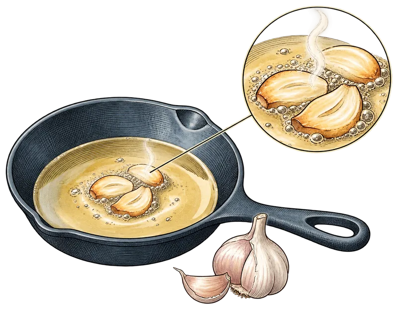 Engraving of garlic slices frying in golden oil in a cast-iron pan, with a round magnified view of their browning edges and the bubbling oil.