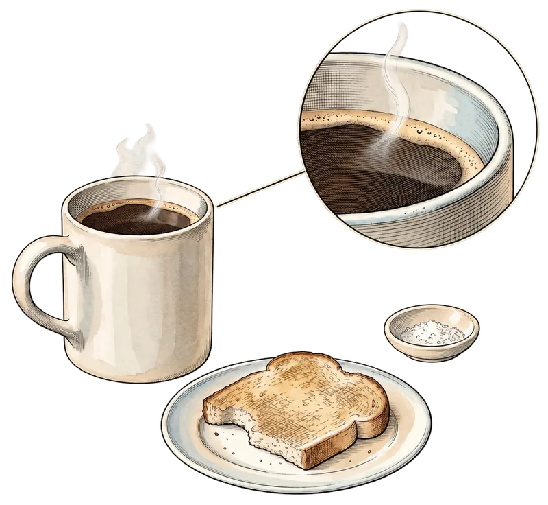 Engraving of a mug of black coffee, with a round magnified view of the crema and steam, beside a plate of toast and a small dish of salt.