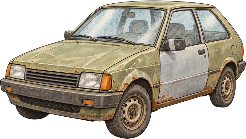 Engraving of a beat-up old hatchback in faded olive green, with one grey mismatched door, rust along the wheel arches and a wing mirror mended with tape.