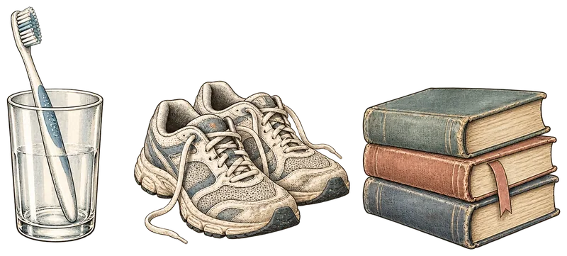 Engraving of a toothbrush in a glass, a worn pair of running shoes and a stack of well-read books.