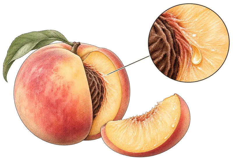Engraving of a ripe peach with a slice cut away, and a round magnified view of the juice beading on its golden flesh.