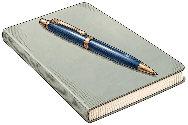 Engraving of a blue ballpoint pen with a brass clip, lying on a closed grey-green notebook.