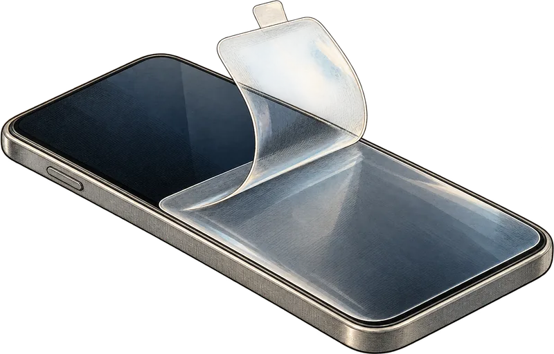 Engraving of a new smartphone lying face up, its clear protective film lifted by a small pull tab and curling up off the screen in a broad, glossy arc.