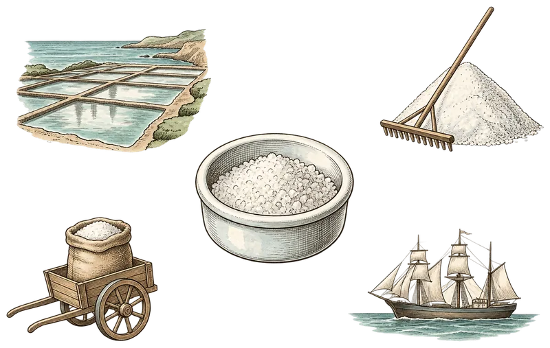 Engraving of a small dish of coarse salt, surrounded by little scenes of what it took to get there: salt pans by the sea, a rake in a heap of salt, a sack on a cart and a sailing ship.