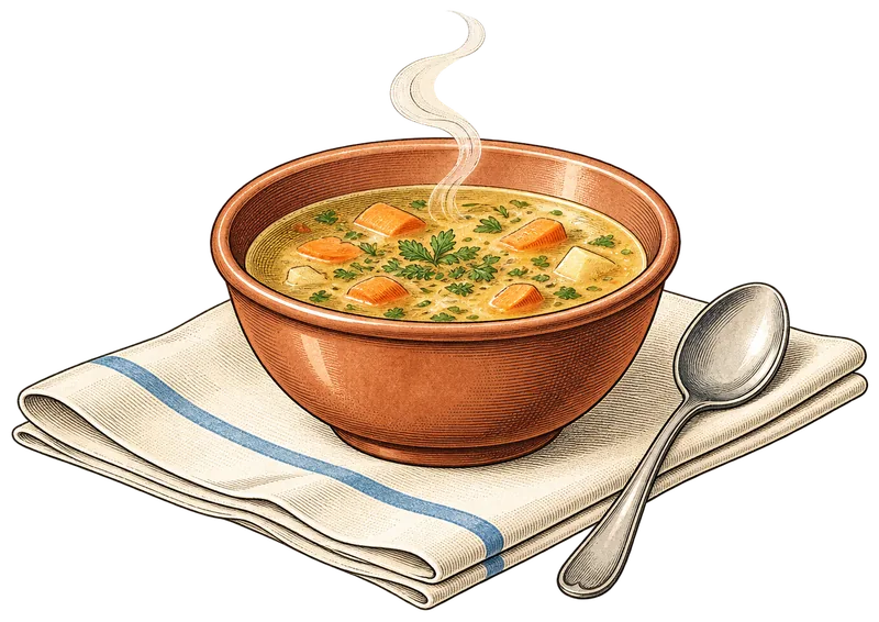 Engraving of a steaming bowl of vegetable soup on a folded striped linen cloth, with a spoon beside it.