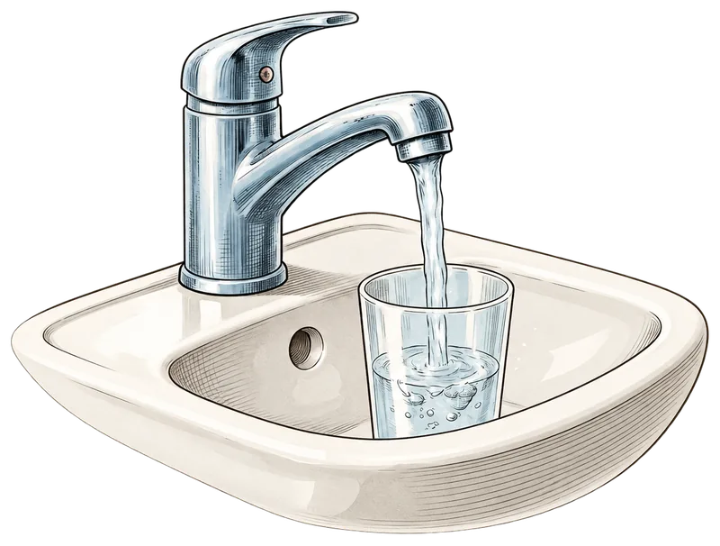 Engraving of a chrome tap running clear water into a glass in a small white basin.