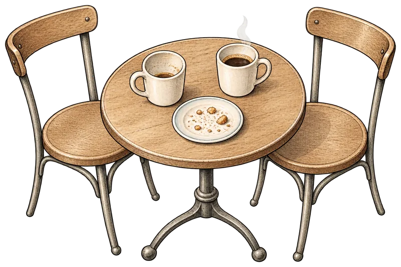 Engraving of a small café table for two, with two cups of coffee and the crumbs of a shared pastry, the chairs pulled close.