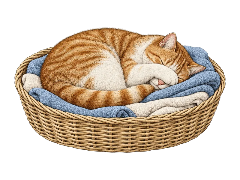 Hand-colored engraving of a ginger-and-cream cat asleep in a wicker laundry basket, one paw over its face, on folded blue and cream towels.