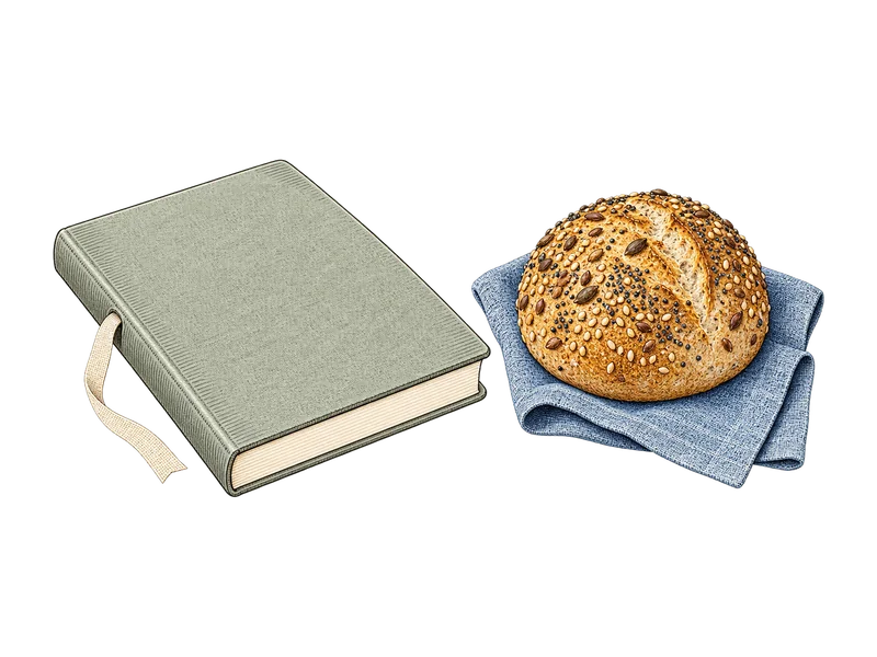 Hand-colored engraving of a closed sage-green journal with a ribbon bookmark beside a seeded bread roll on a folded blue linen napkin.
